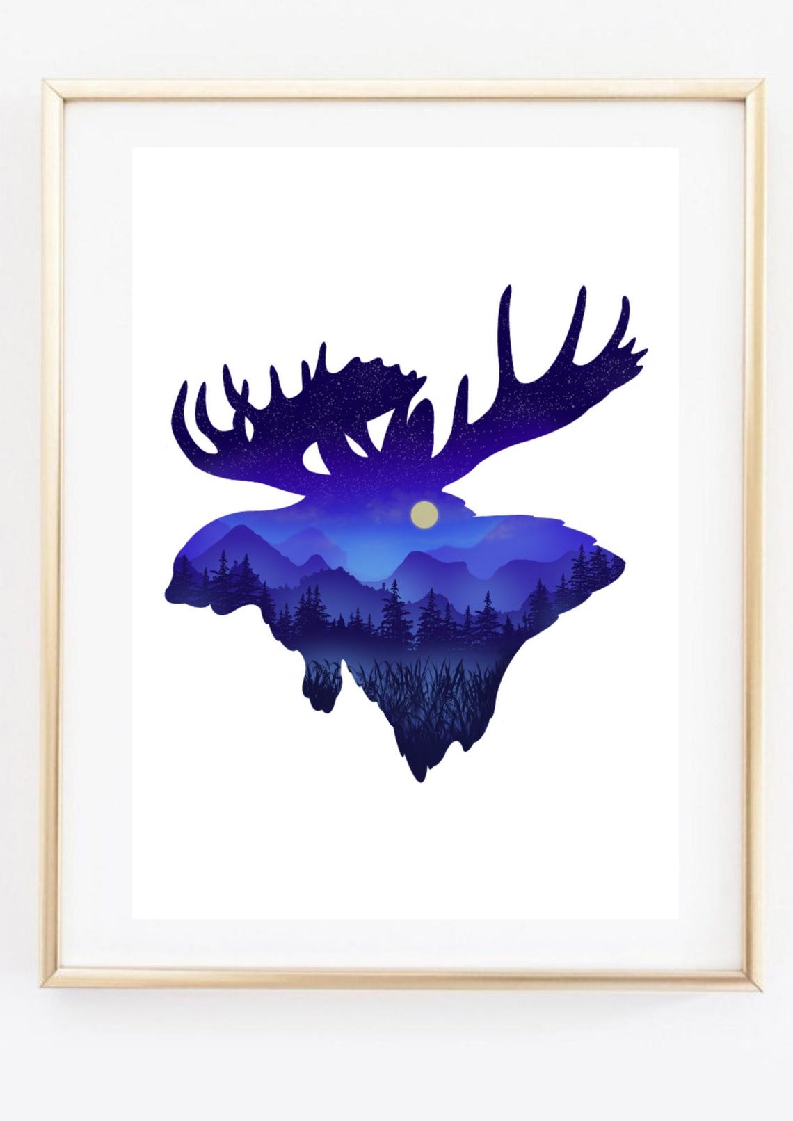 Moose Head Night Mountain Forest Silhouette Double Exposure Wall Print - Image 2