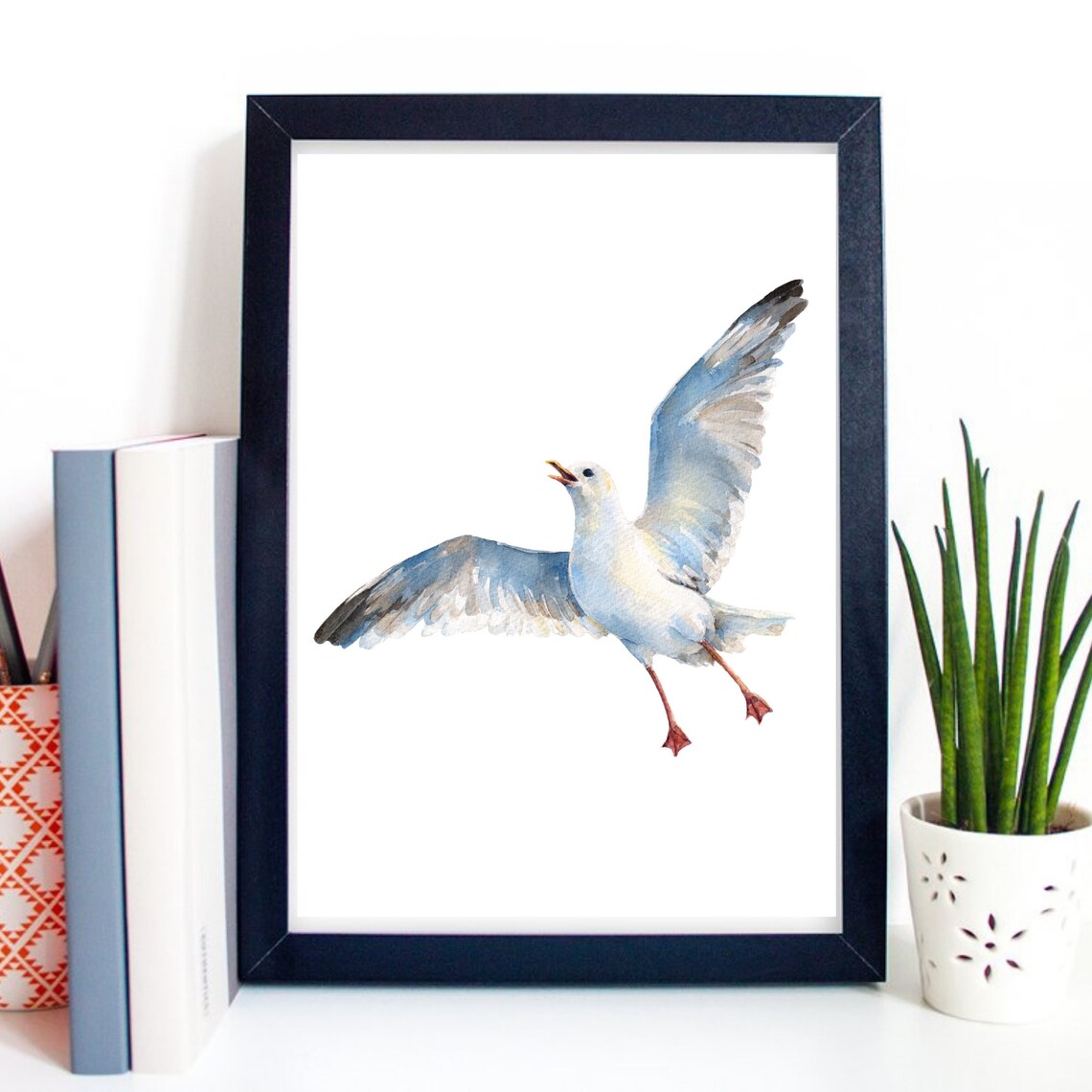 Flying Screeching Seagull Watercolor Coastal Bird Nautical Poster - Image 3