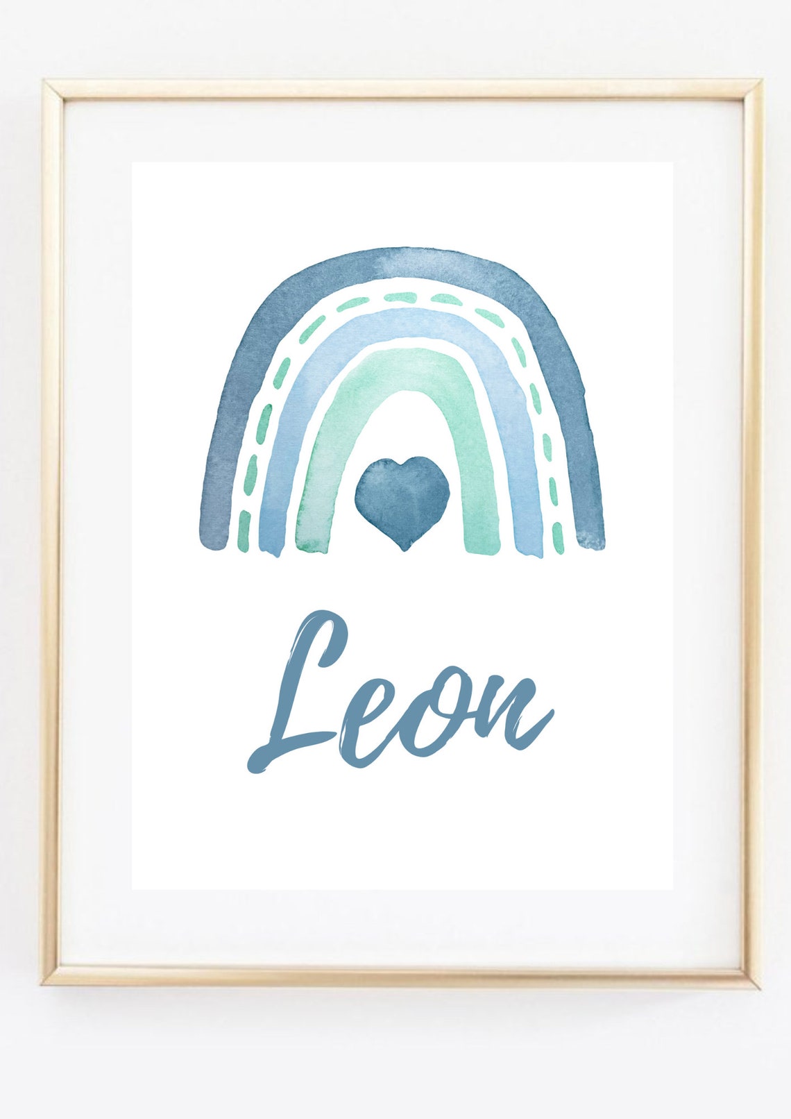 Blue Watercolor Rainbow Heart Personalized Name Kids Room Poster - Image 2