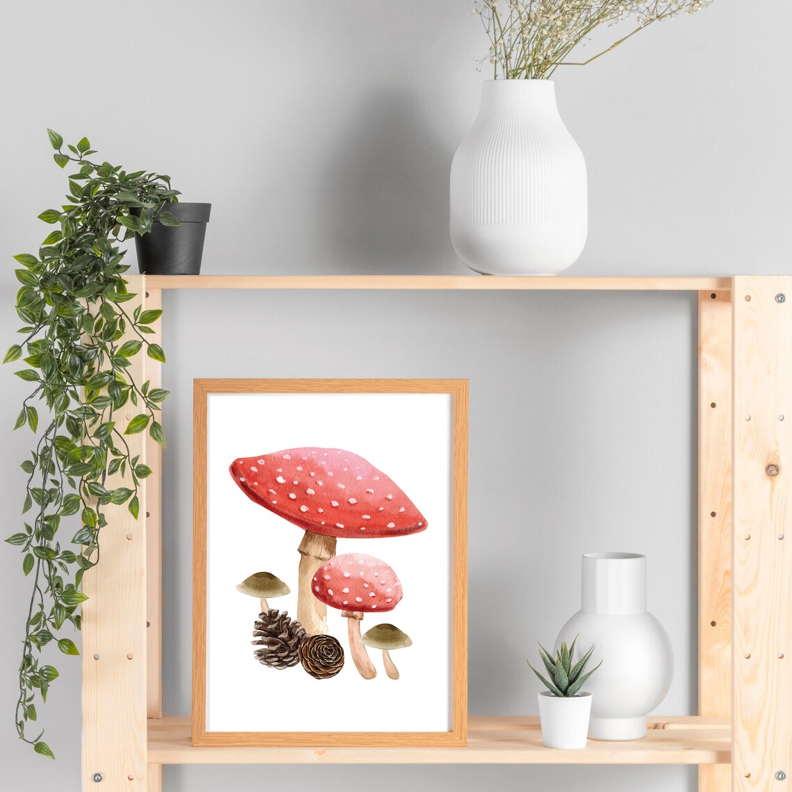 Red Fly Agaric Mushrooms with Pinecones Watercolor Autumn Wall Art - Image 3