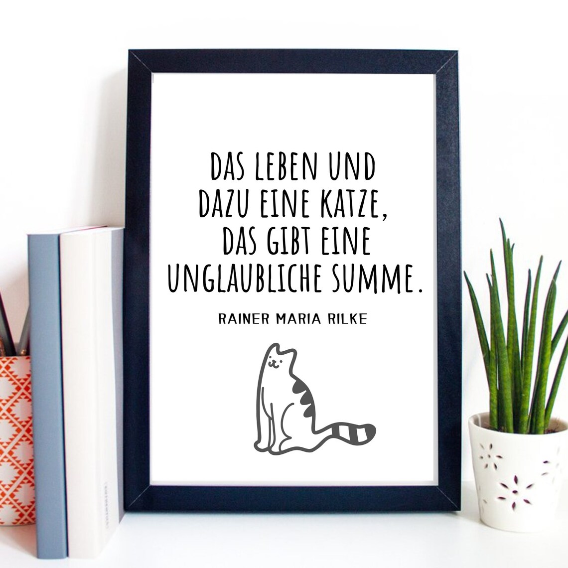 Rilke Life Plus a Cat Quote Cute Kitten Line Art Wall Art Print