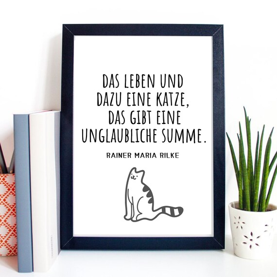 Rilke Life Plus a Cat Quote Cute Kitten Line Art Wall Art Print