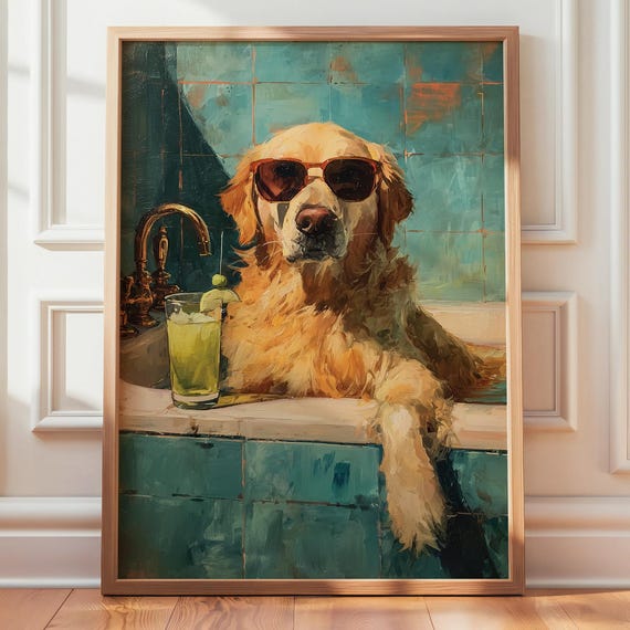 Golden Retriever Wall Art Print Funny Bathroom Dog Dogs Drinking Poster Cocktail