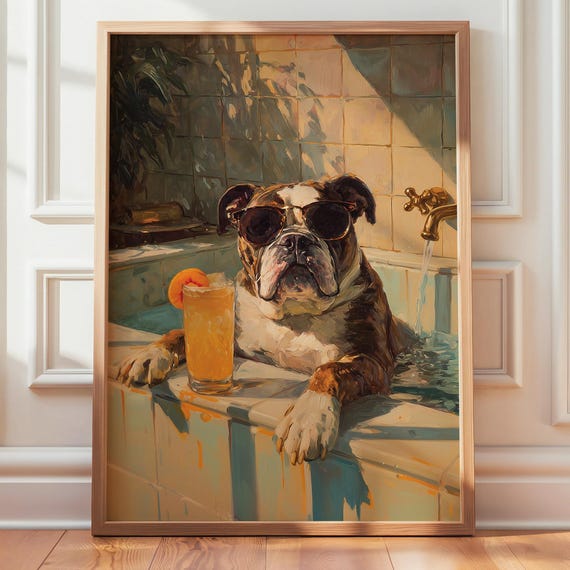 Bulldog In Bathtub Poster Funny Bathroom Art Dog Lover Wall English Mom Gift Portraits Painting