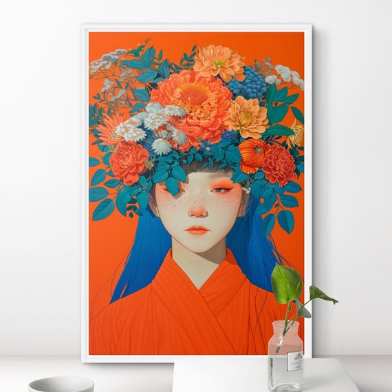 Modern Floral Portrait Art Bold Oriental Pop Art Inspired Framed Contemporary Print For Artistic Interiors Vibrant Girl Portrait