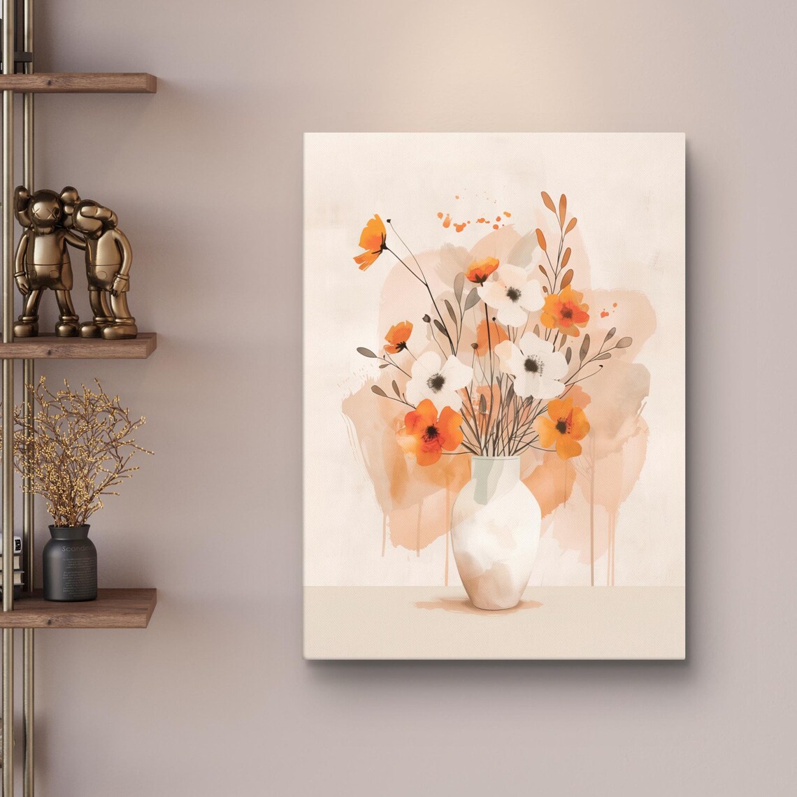 Neutral Watercolor Floral Still Life Orange White Blossoms Vase Poster
