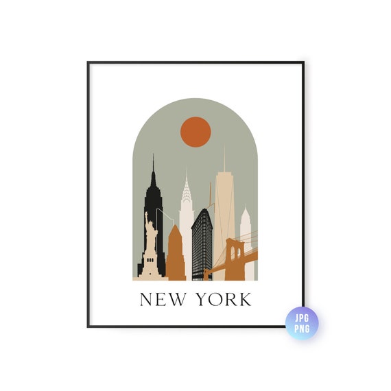 New York Skyline Bohemian Print Boho Sun City Arc Mid Century Modern Decor Nyc Home Instant Jpg Png