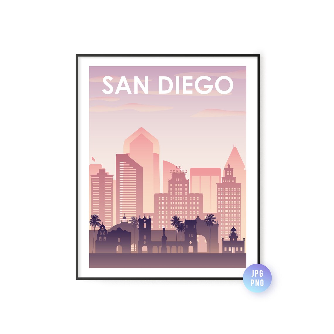 San Diego Pastel Sunset Skyline California Cityscape Travel Print
