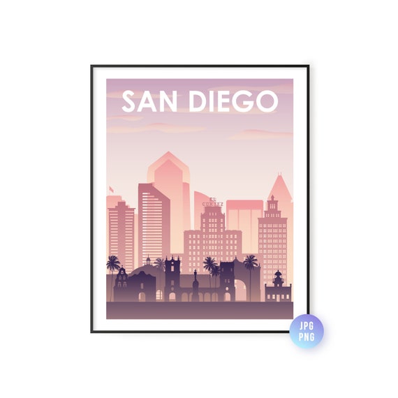 San Diego City Skyline Print Sunset Poster Art Instant Jpg Png