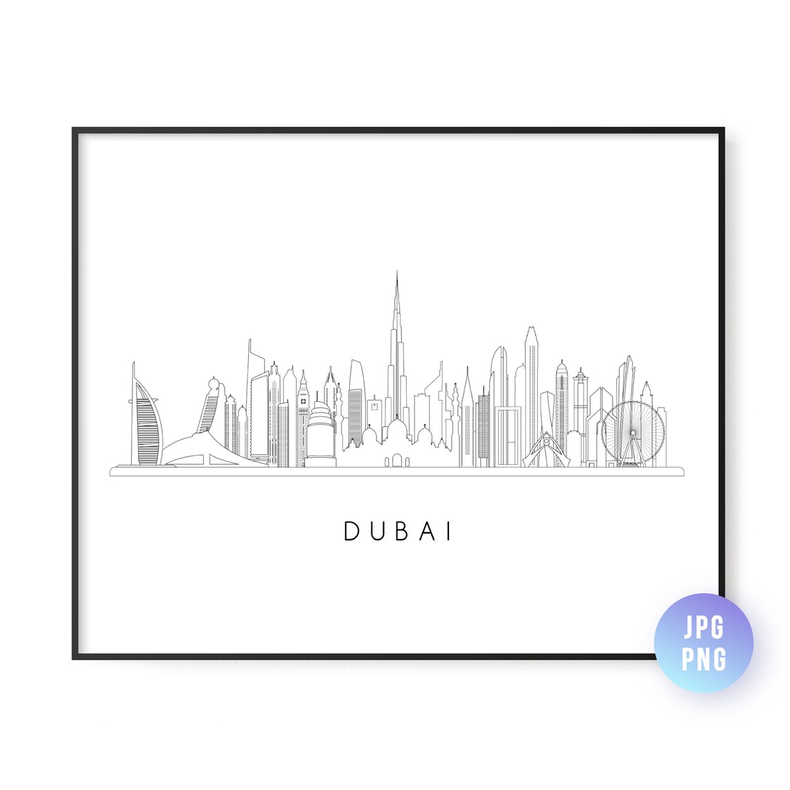 Dubai Skyline Line Art Travel Poster, Cityscape