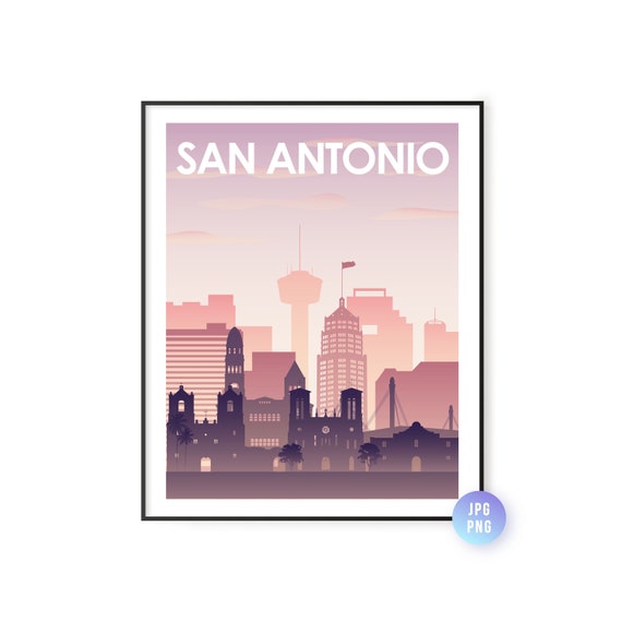San Antonio City Skyline Print Sunset Poster Art Instant Jpg Png