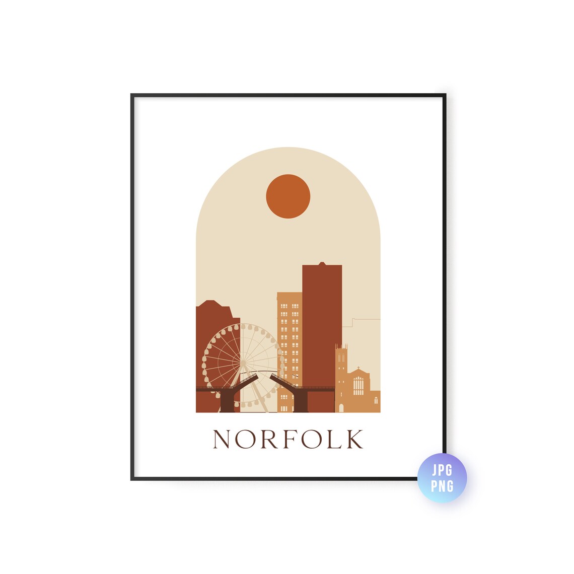 Norfolk Boho Skyline Arch Sun Ferris Wheel Minimalist Travel Poster