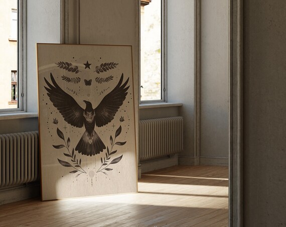 Moody Raven Spread Wings Dark Vintage Botanical Witchy Art Print