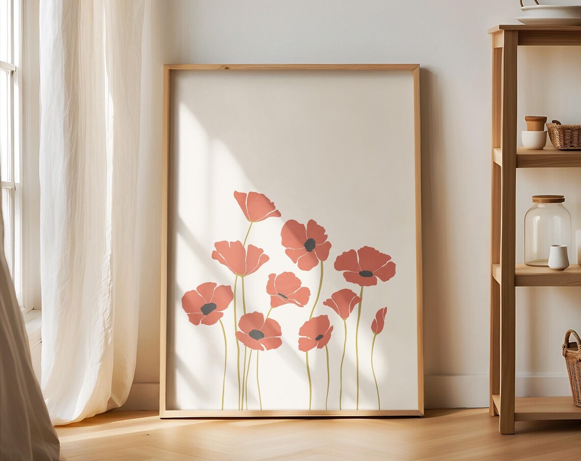 Red Poppy Wildflower Illustration, Earth Tones Art Print
