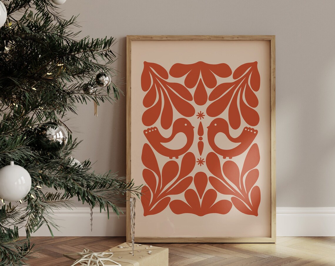 Red Scandinavian Folk Art Birds Symmetrical Botanical Christmas Print - Image 2