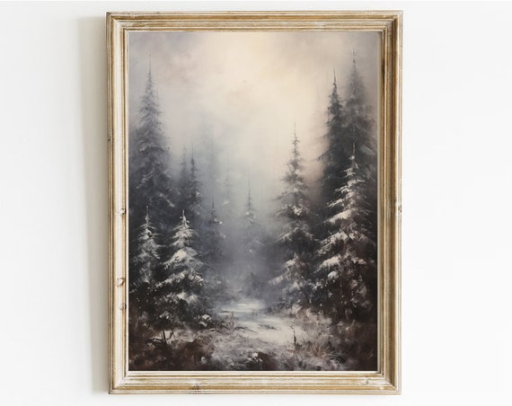 Oil Painting Of Winterforest Impressionistic Vintage Painting Vintage Print Winter Art Holiday Decor Moody Holiday Art