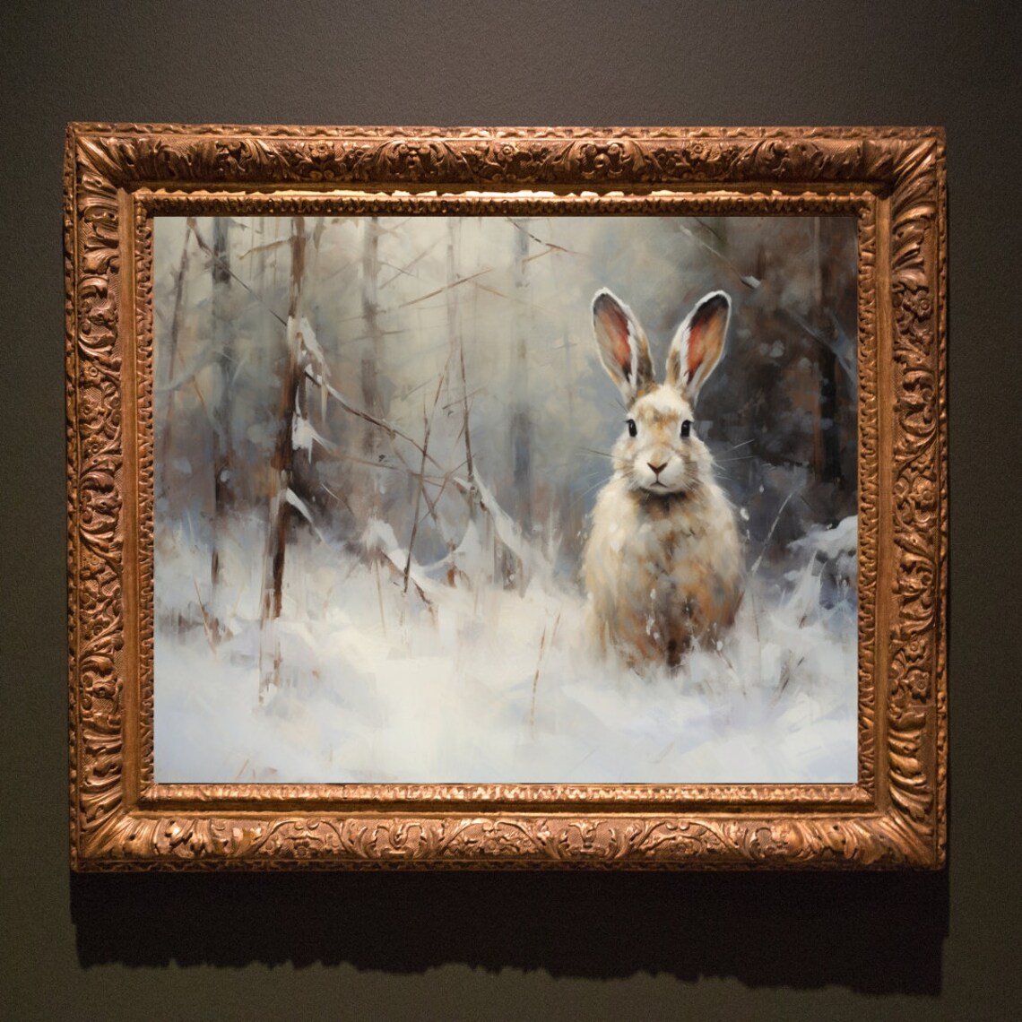 Winter Hare In Snowy Forest Vintage Oil Painting Rabbit Art Poster - Image 5