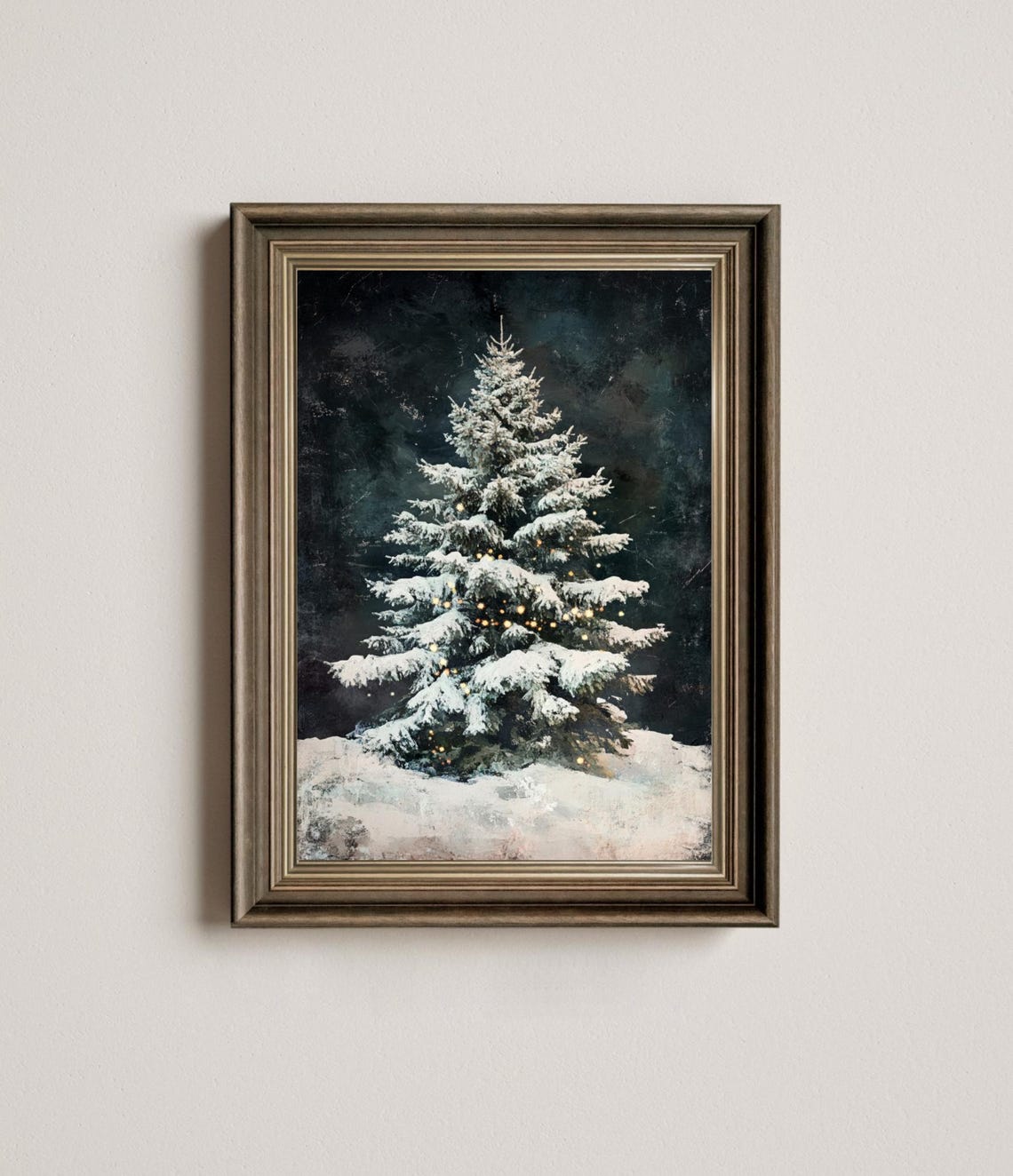 Snow Covered Christmas Tree Warm Lights Dark Vintage Style Art Print - Image 3