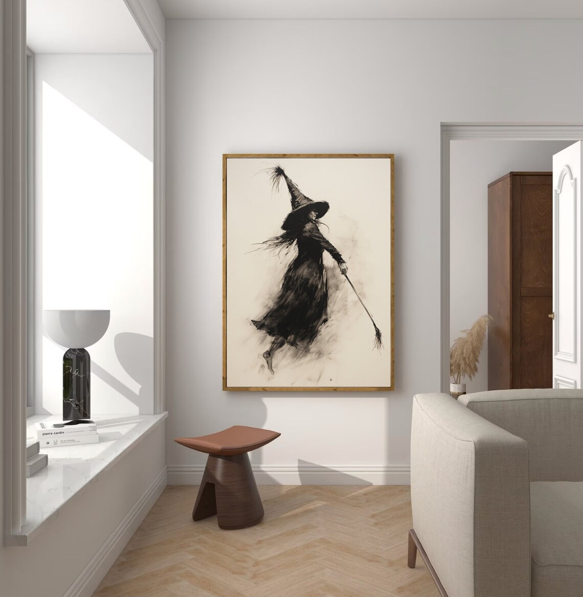 Witch With Broom Walking Ink Sketch Minimalist Spooky Halloween Poster - Image 3