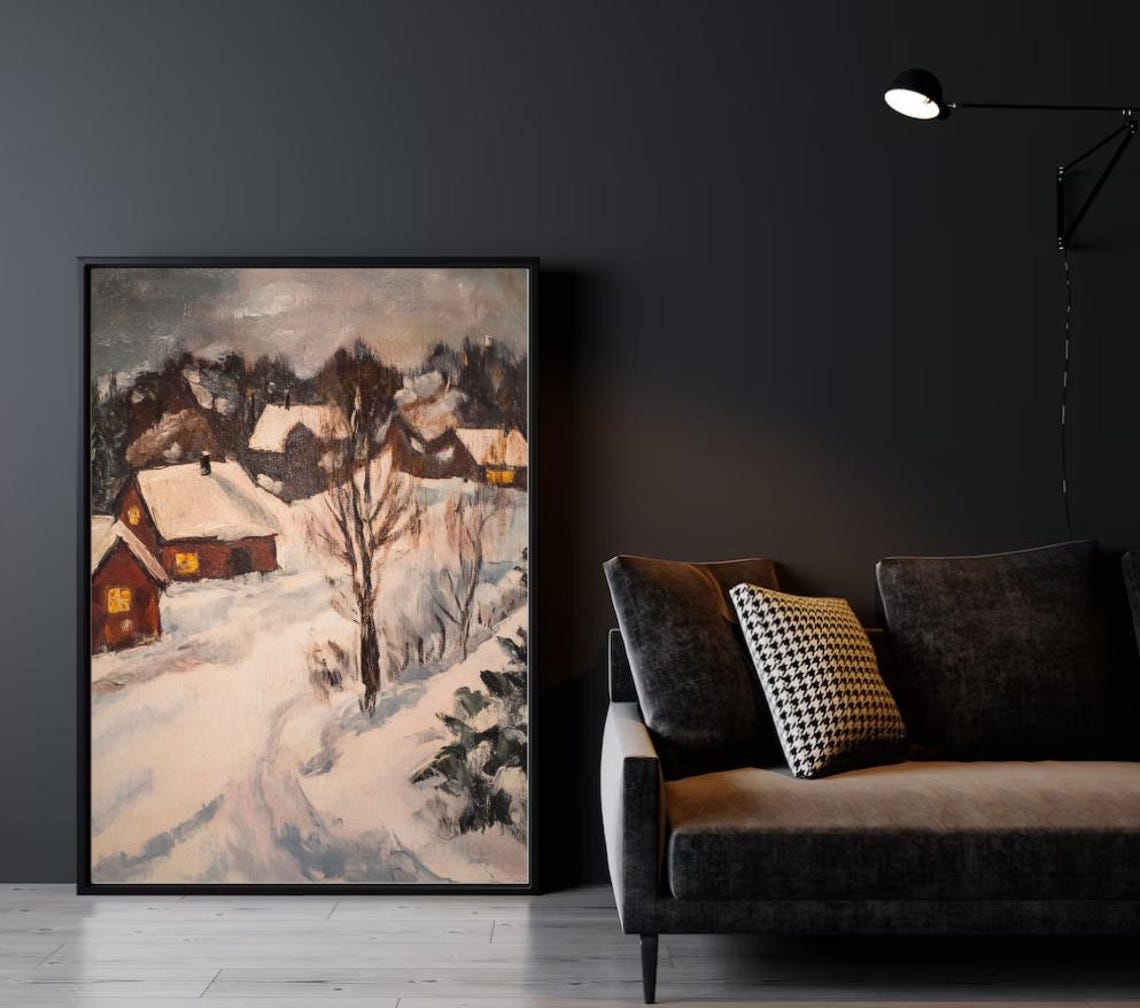 Neutral Antique Winter Oil Painting Snow Covered Village Impressionistic Vintage Landscape Swedish Houses Moody Winter Painting - Image 2