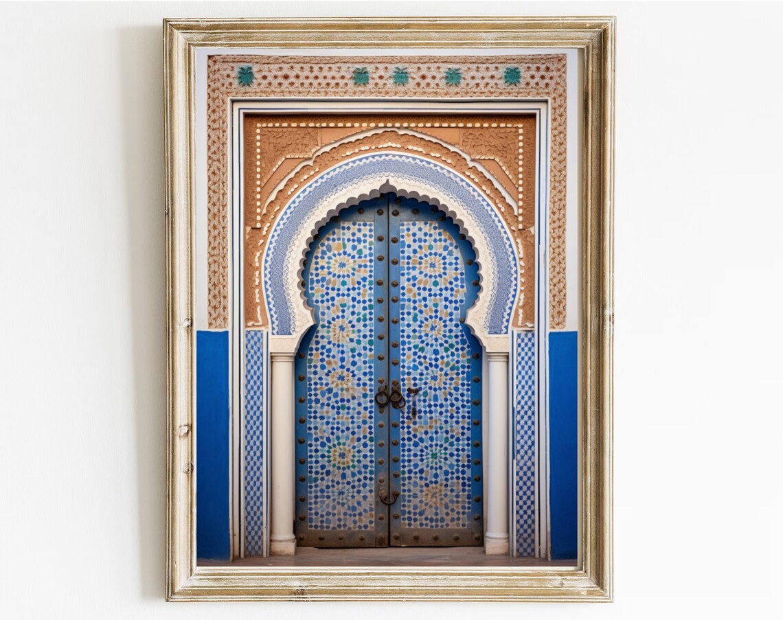 Blue Moroccan Mosaic Tiled Arch Door Travel Photography Art Print