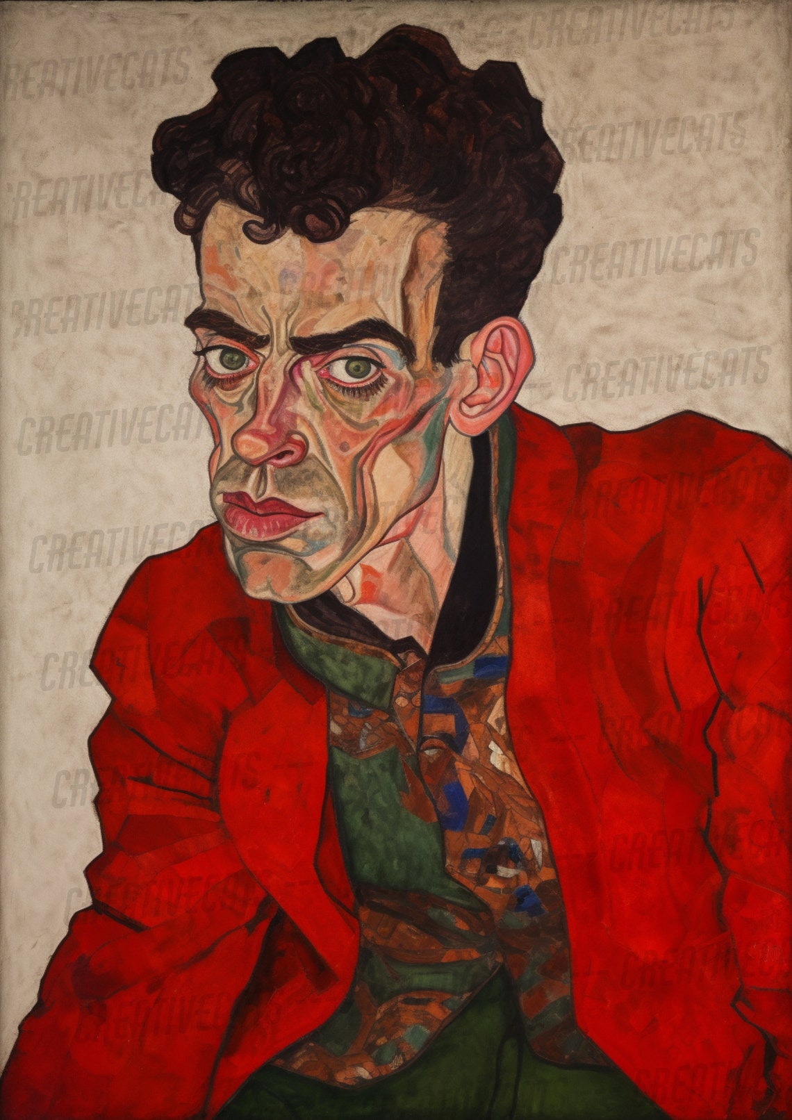 Egon Schiele Inspired Red Jacket Expressionist Portrait Poster - Image 2
