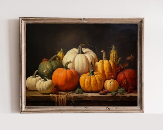 Vintage Pumpkin Still Life Autumn Harvest Rustic Oil Painting Poster