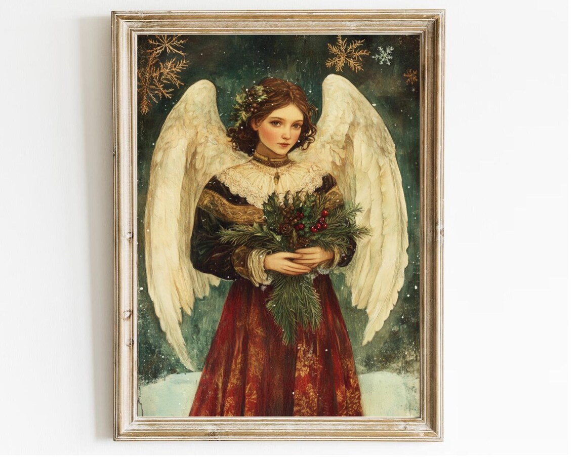 Vintage Christmas Angel White Wings Holly Berries Holiday Poster