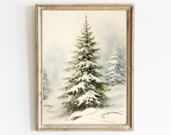 Vintage Christmas Tree Pine Tree Vintage Print Winter Art Holiday Decor Moody Neutral Holiday Art Fir Tree In The Snow Retro Print A1
