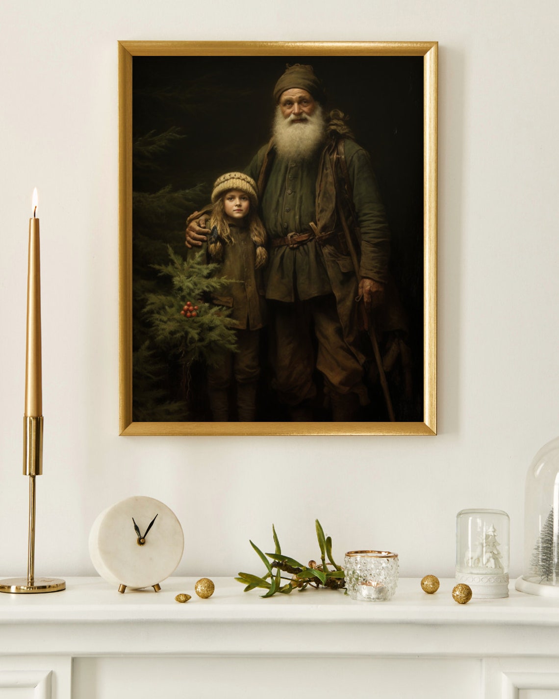 Vintage Christmas Print Father Christmas With Little Girl Santa Claus Holiday Decor Vintage Holiday Oil Painting Farm House Christmas - Image 3