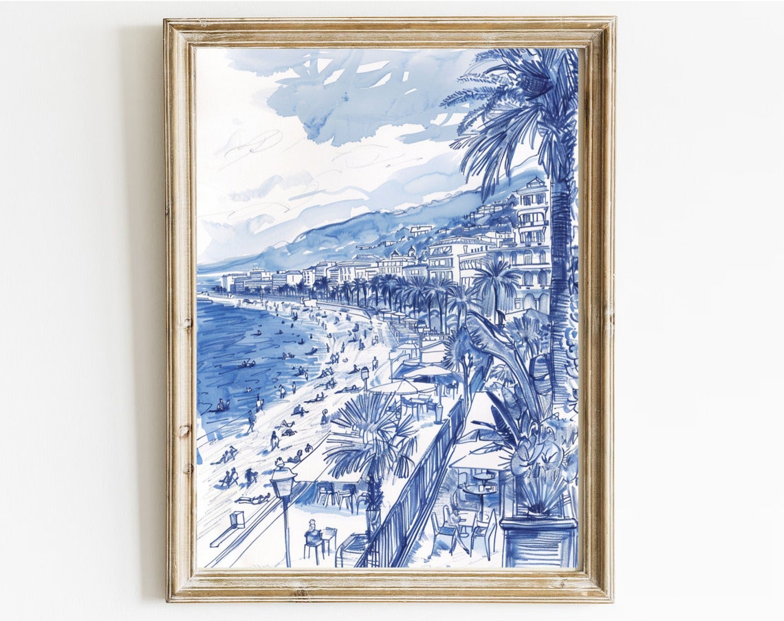 Blue Ink Seaside Promenade Palms Sketch Coastal Getaway Travel Poster - Image 4