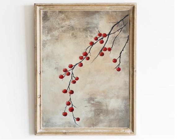 Vintage Christmas Print Print Of Red Winter Berry Minimalistic Winter Art Holiday Decor Moody Neutral Holiday Art Christmas Wall Art