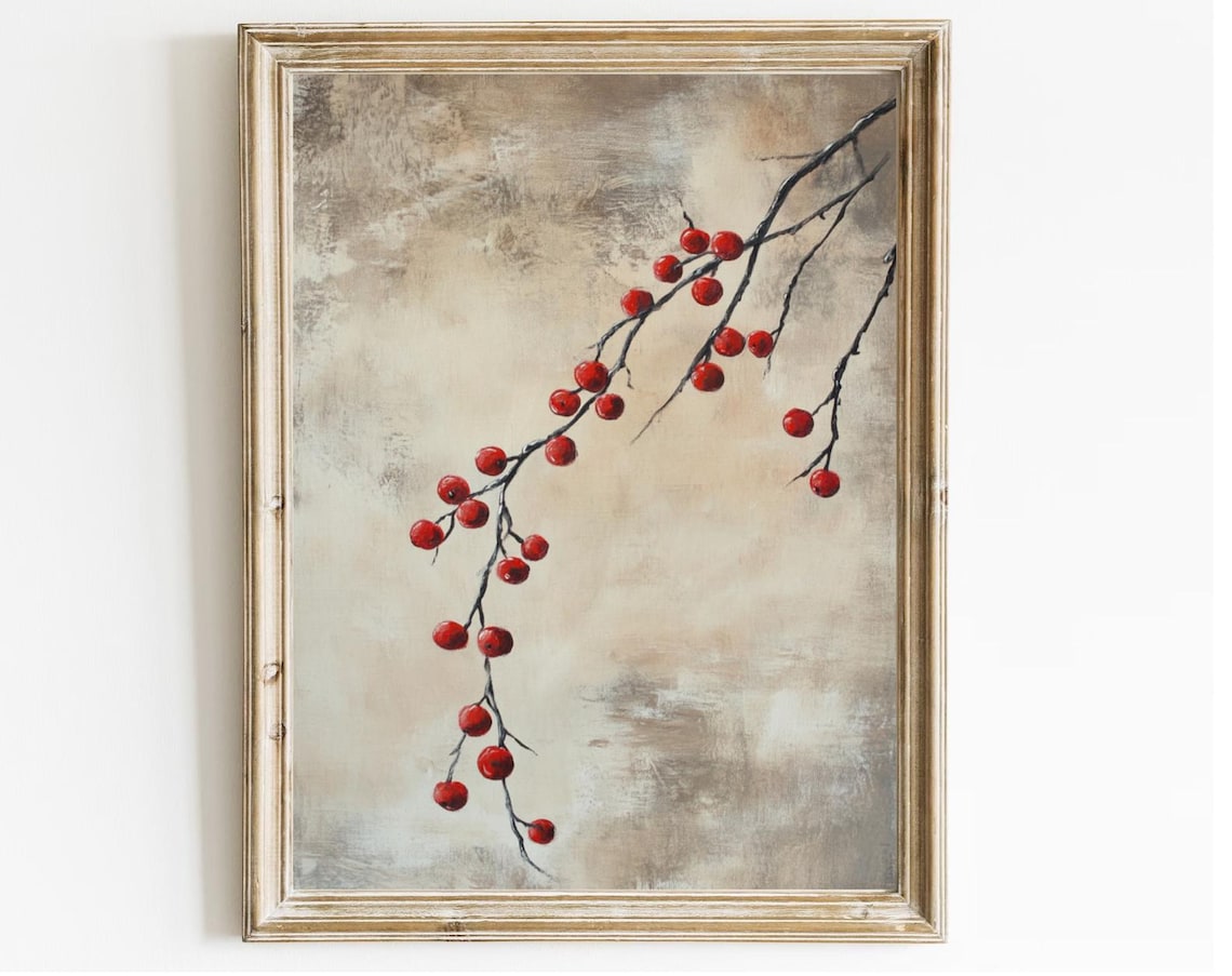 Red Winter Berry Branch On Beige Textured Vintage Style Art Print