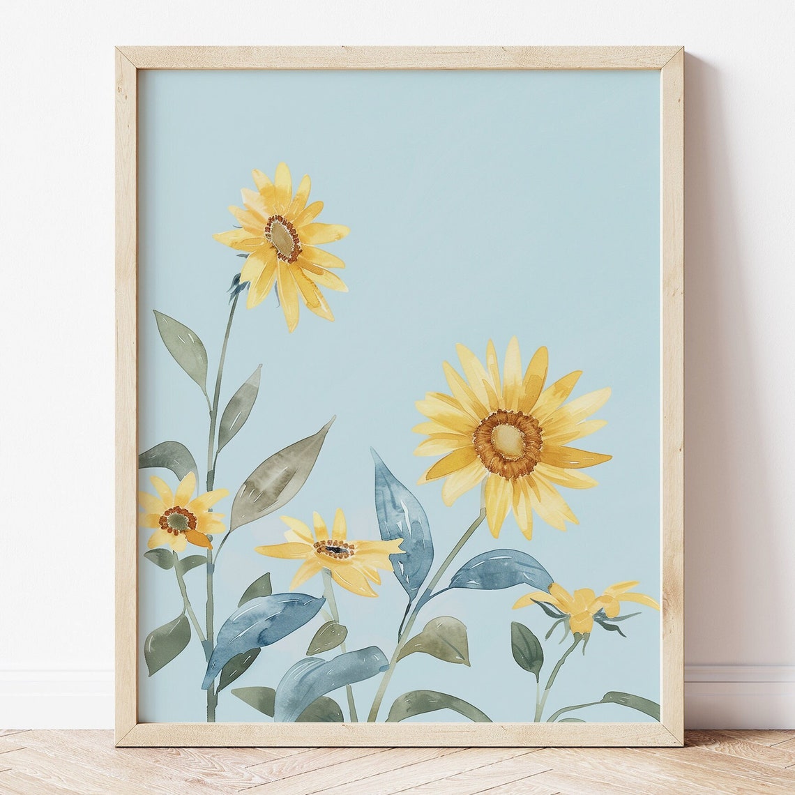 Yellow Sunflower Watercolor Tall Stems Blue Spring Decor Wall Art