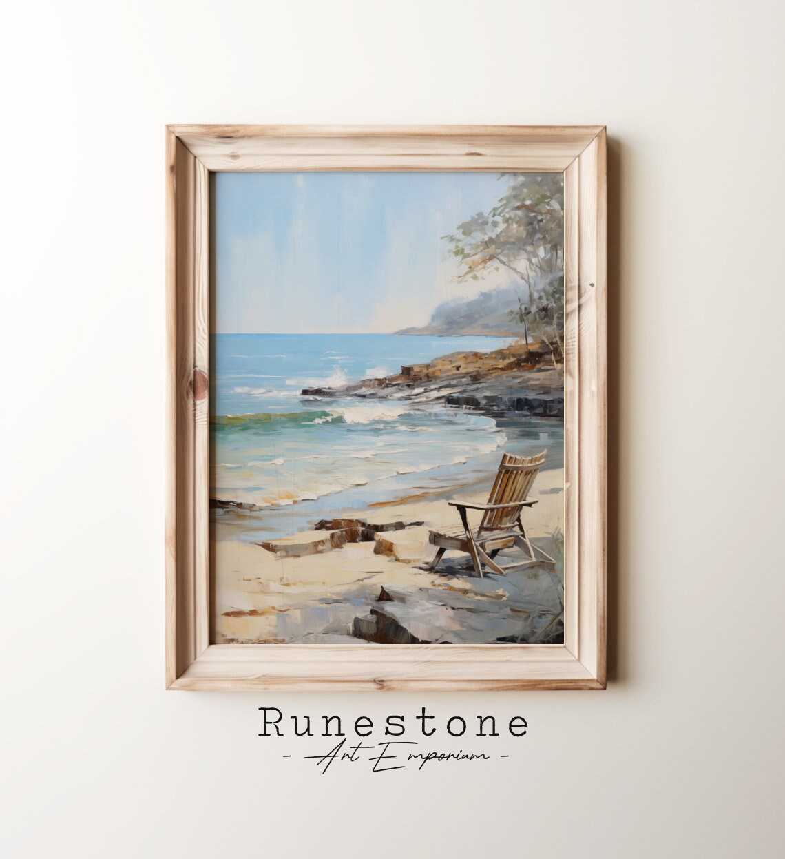Wooden Beach Chair Rocky Shore Ocean Waves Coastal Painting Poster