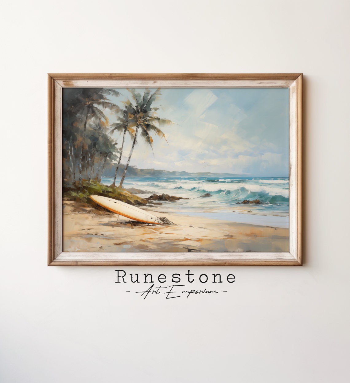 Lone Surfboard On Tropical Beach Palm Trees Vintage Coastal Art Poster