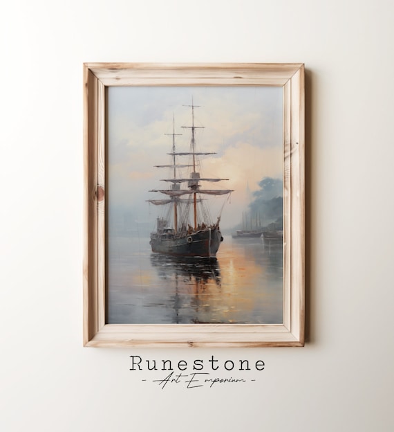 Clipper Ship Entering Misty Harbor Sunset Maritime Painting Poster
