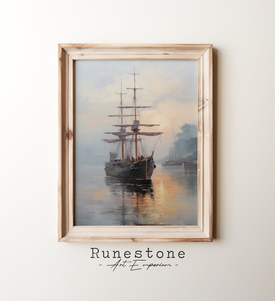 Clipper Ship Entering Misty Harbor Sunset Maritime Painting Poster