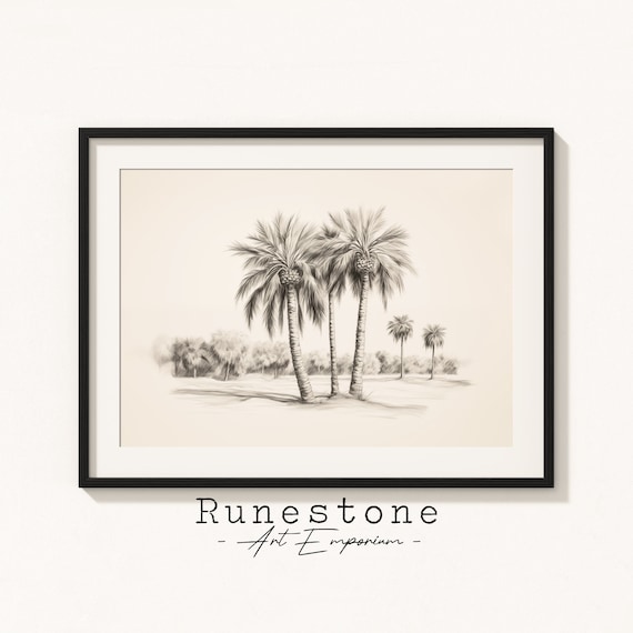 Palm Trees Pencil Sketch Minimalist Black White Tropical Wall Art