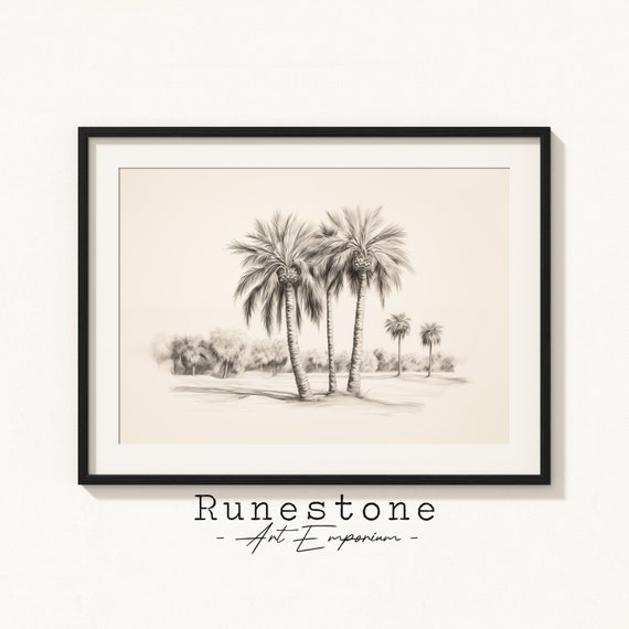 Vintage Palm Trees Sketch Print Tropical Wall Art Minimal Landscape Pencil Drawing Home Decor Neutral