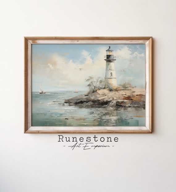Lighthouse On Rocky Shore Vintage Oil Painting Art Wall Coastal