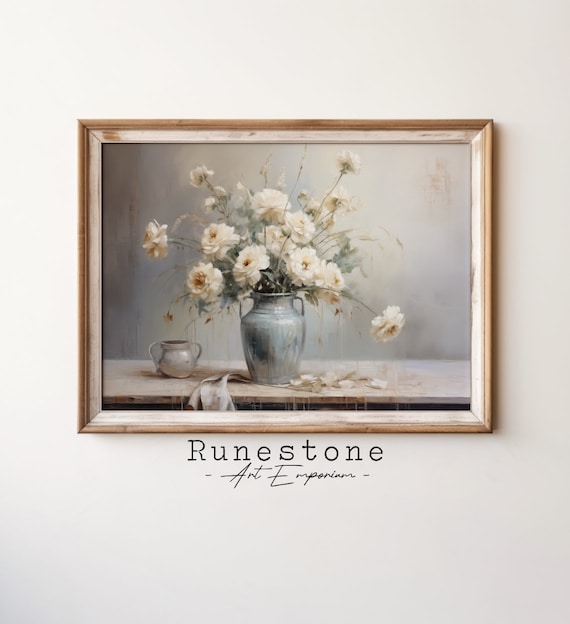 White Flowers Blue Vase Still Life Vintage Farmhouse Floral Oil Poster