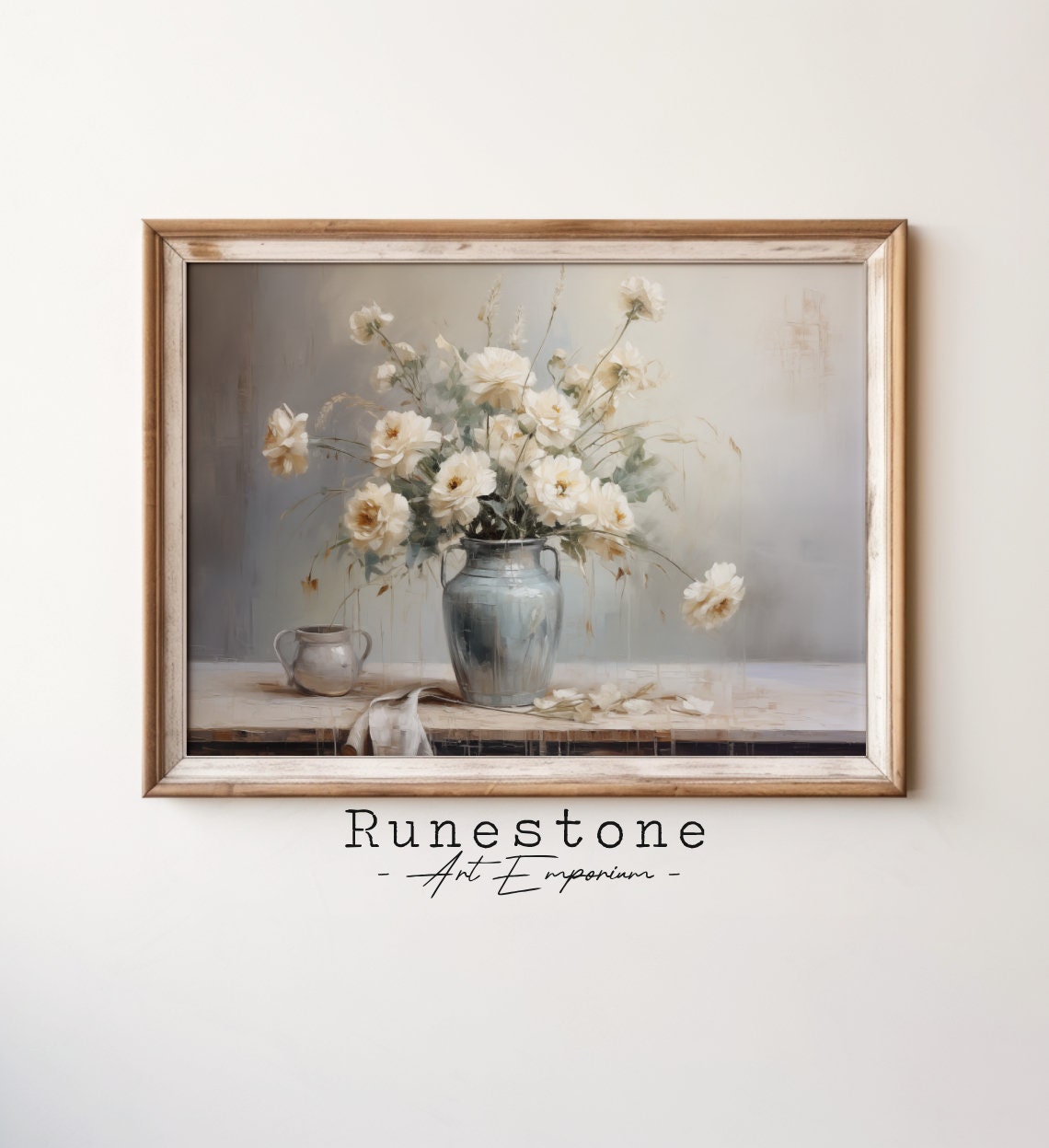 White Flowers Blue Vase Still Life Vintage Farmhouse Floral Oil Poster