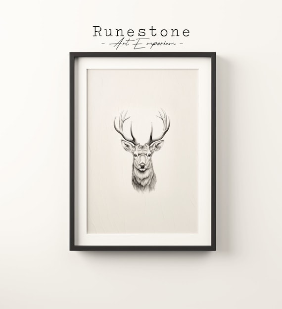 Stag Head Large Antlers Pencil Sketch Minimalist Deer Poster