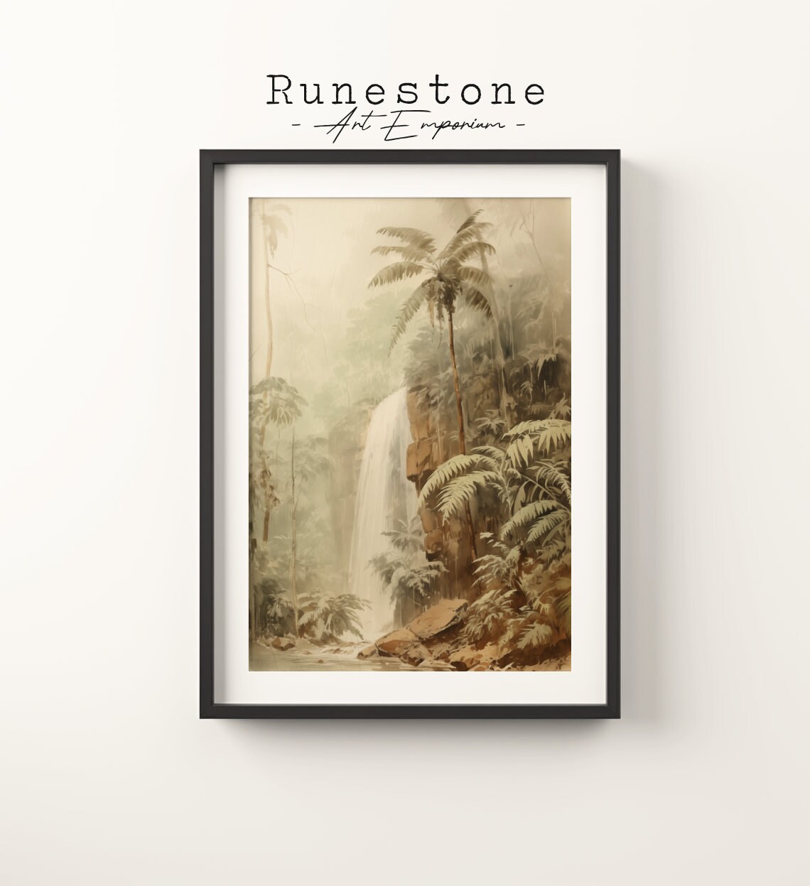Vintage Tropical Jungle Waterfall Sketch Lush Palm Landscape Poster
