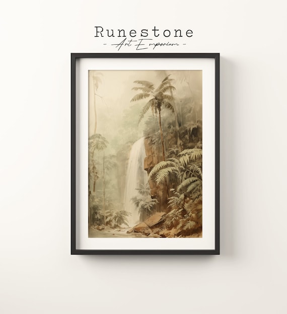 Vintage Tropical Jungle Waterfall Sketch Lush Palm Landscape Poster