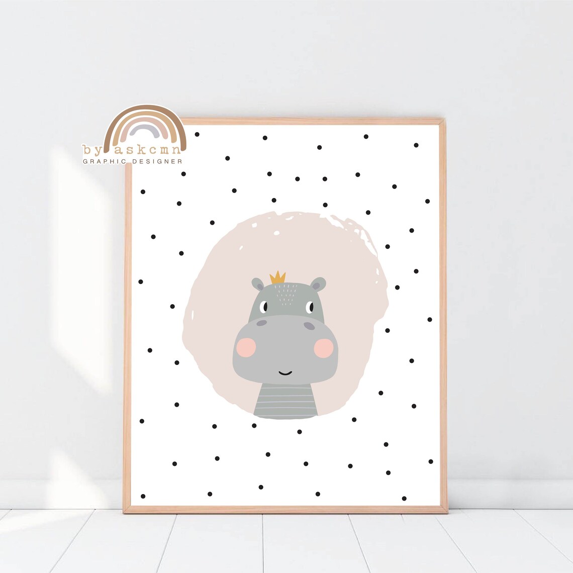 Baby Hippo Nursery Little Crown Polka Dot Safari Kids Room Poster - Image 5