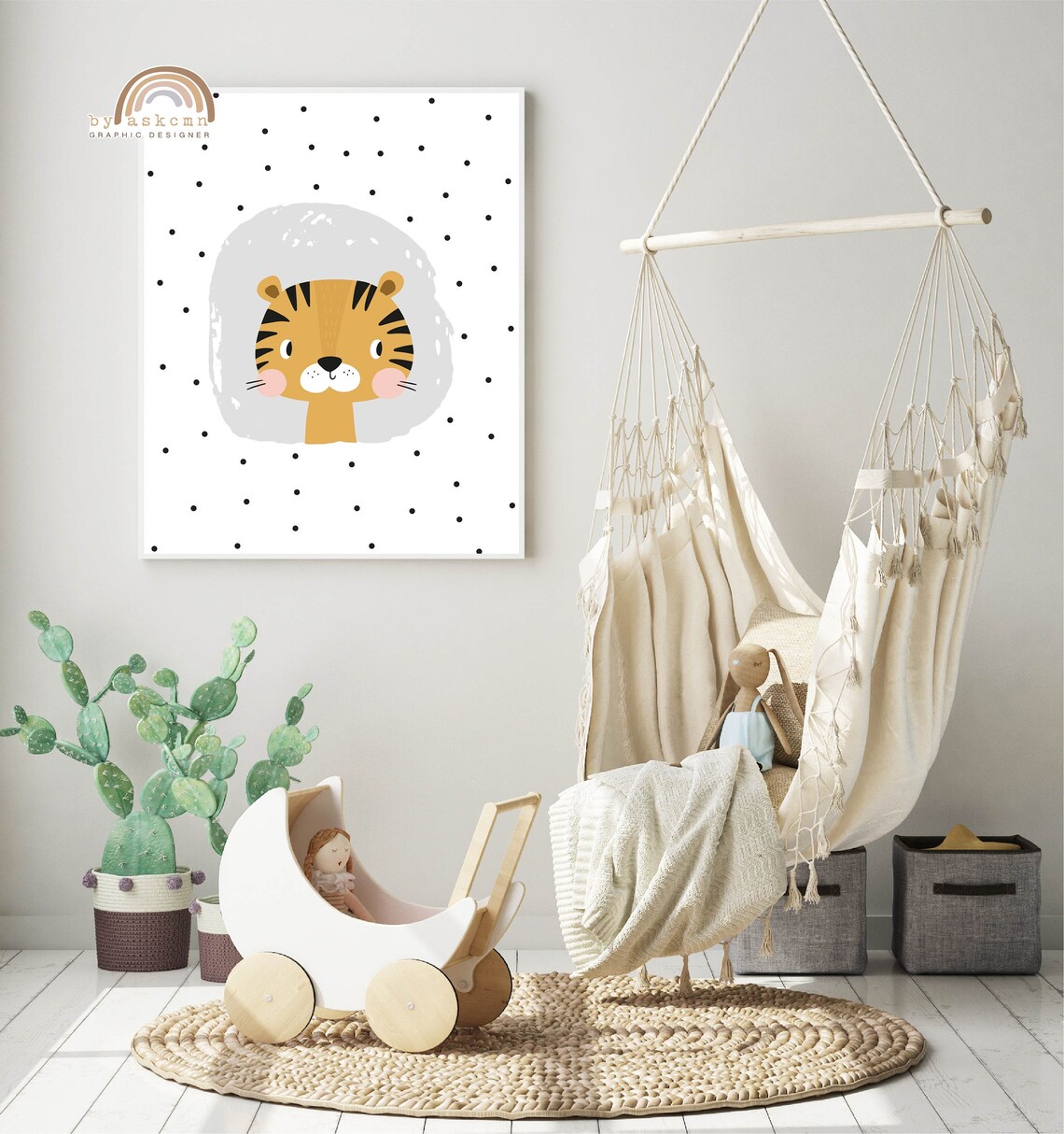 Baby Tiger Nursery Gray Circle Jungle Safari Kids Room Poster - Image 3