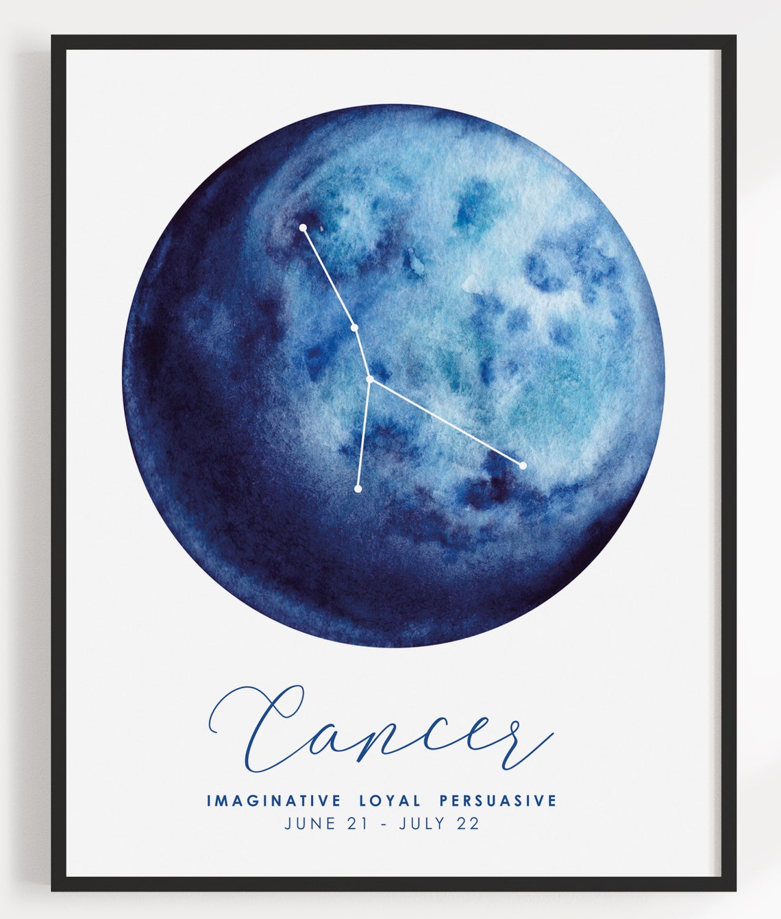 Cancer Zodiac Constellation Blue Moon Watercolor Starsign Wall Print - Image 3