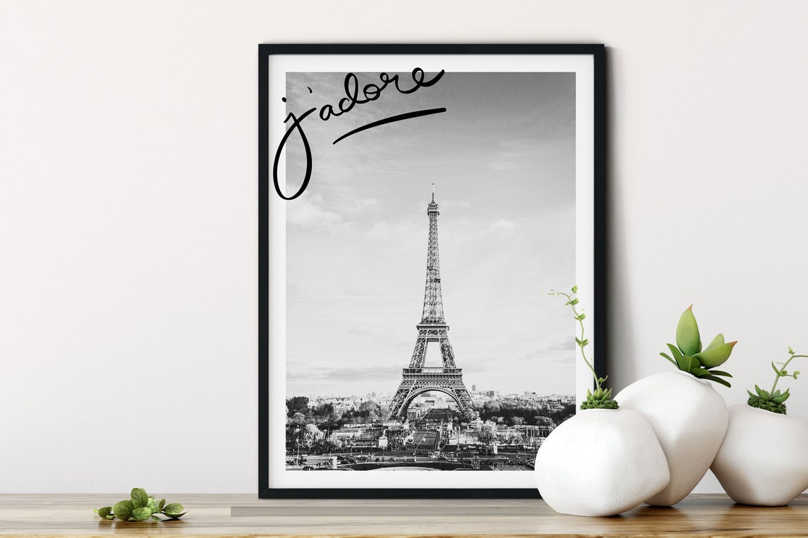 Paris Eiffel Tower J Adore Black And White Romantic Script Poster